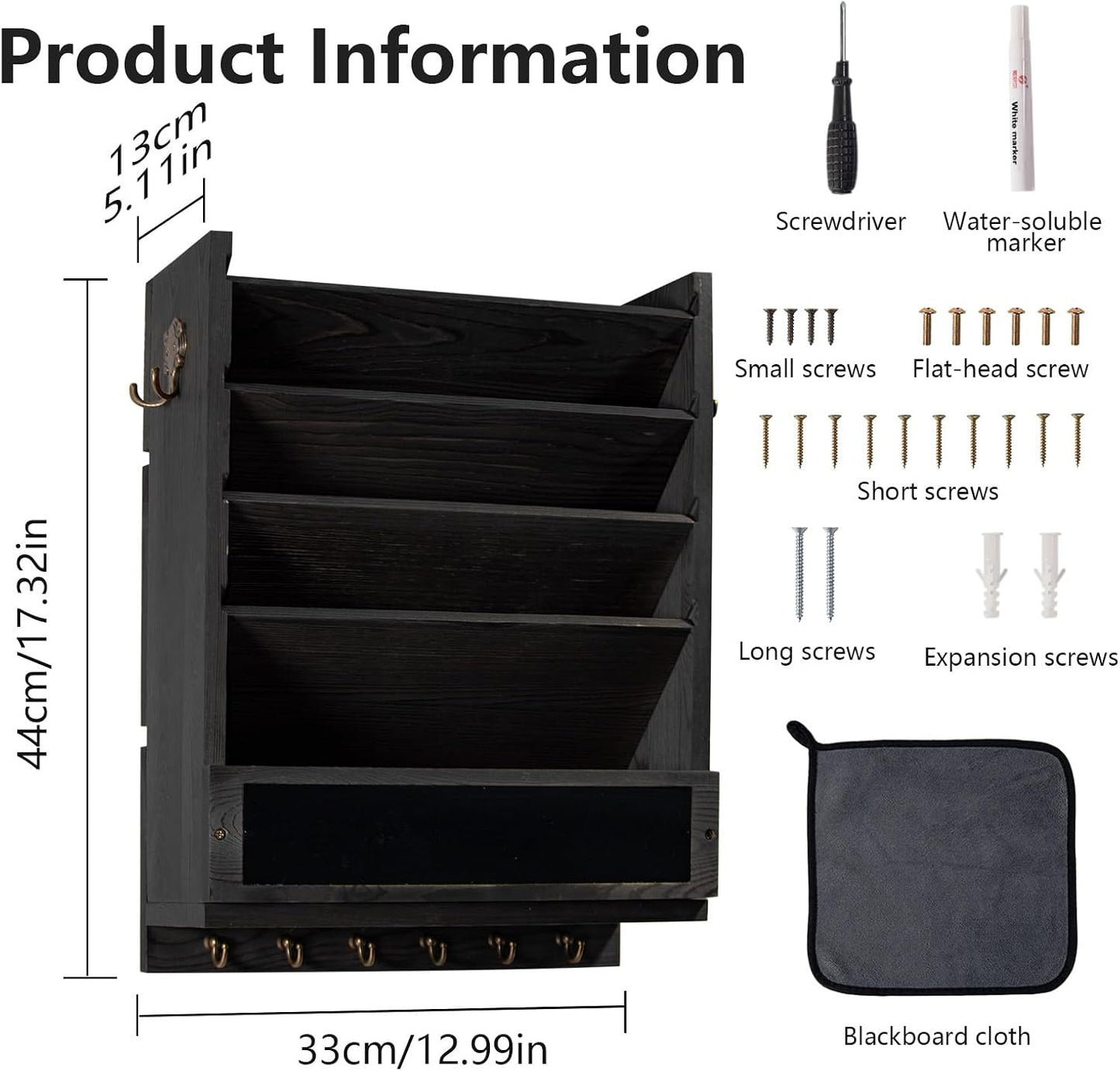 Rustic wall mail organizer,Key and Mail File Holder for Wall Mount，with 6 Key Hooks 2 Double Key Hooks A blackboard,for Home,Office, Classroom,Entryway Decor (brown)
