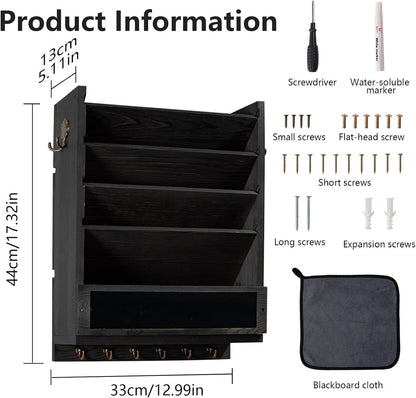Rustic wall mail organizer,Key and Mail File Holder for Wall Mount，with 6 Key Hooks 2 Double Key Hooks A blackboard,for Home,Office, Classroom,Entryway Decor (brown)