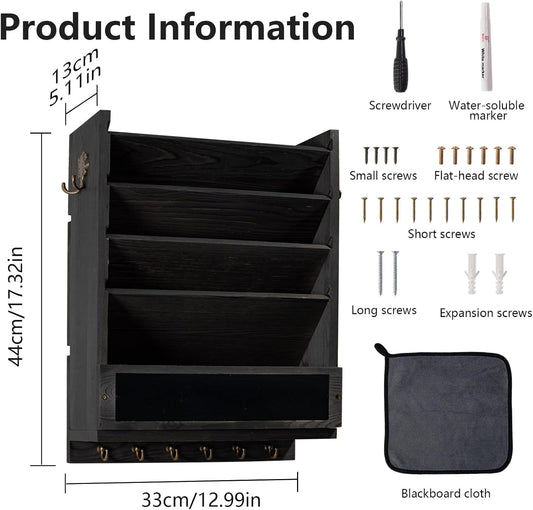Rustic wall mail organizer,Key and Mail File Holder for Wall Mount，with 6 Key Hooks 2 Double Key Hooks A blackboard,for Home,Office, Classroom,Entryway Decor (brown)