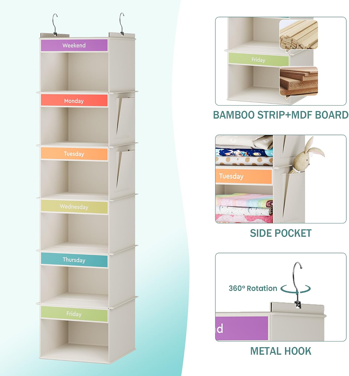 YOUDENOVA 6-Shelf Weekly Hanging Closet Organizer, Weekly Clothes Organizers for Kids with 2 Side Pockets, Pink