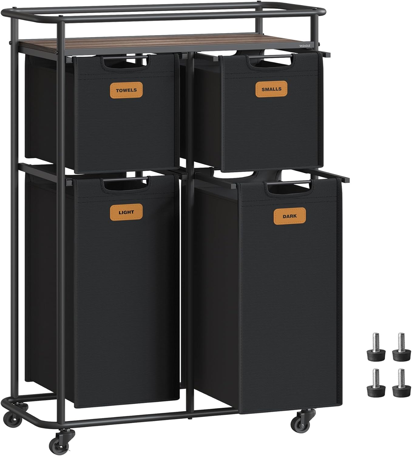 VASAGLE Laundry Sorter, Laundry Hamper with Wheels, 39.6 Gal. (150 L) Portable Rolling Cart Baskets with Shelf, 3 Removable Liners and 6 Labels, Ink Black and Chestnut Brown UBLH103BH01