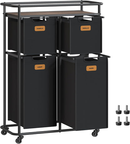 VASAGLE Laundry Sorter, Laundry Hamper with Wheels, 39.6 Gal. (150 L) Portable Rolling Cart Baskets with Shelf, 3 Removable Liners and 6 Labels, Ink Black and Chestnut Brown UBLH103BH01