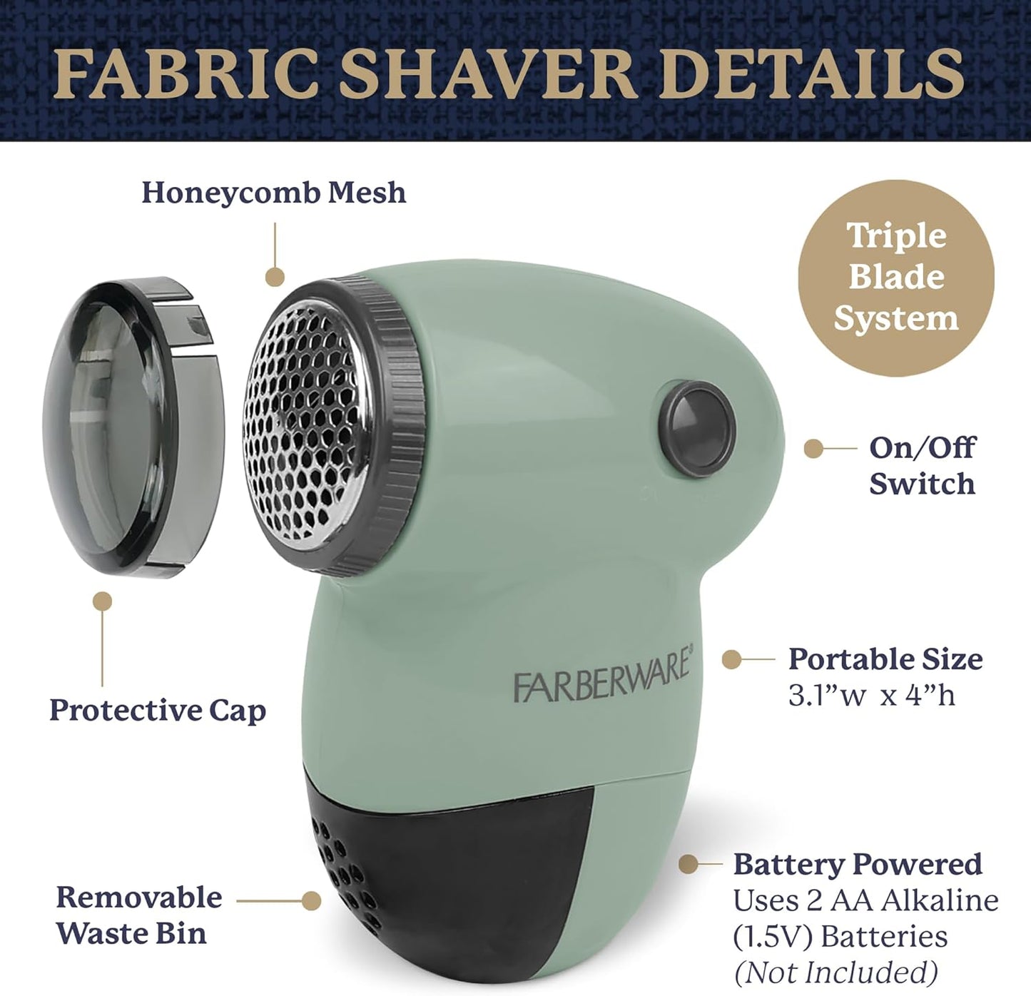 Farberware Fabric Shaver & Lint Remover for Clothes – Battery Operated Lint Shaver with Triple Blades, Sweater Shaver to Remove Pilling for Clothing, Couch, Furniture, Fuzz, Lint Balls
