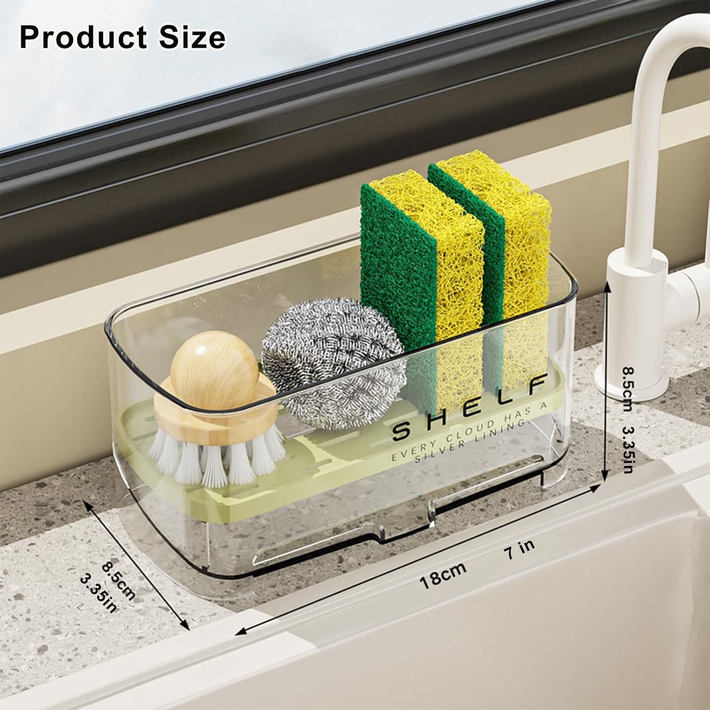 Sponge Holder for Kitchen Sink, Clear Acrylic Sink Organizer with Auto-Draining Tray, Countertop Sink Caddy for Sponges, Soap, Brush & Cleaning Tools
