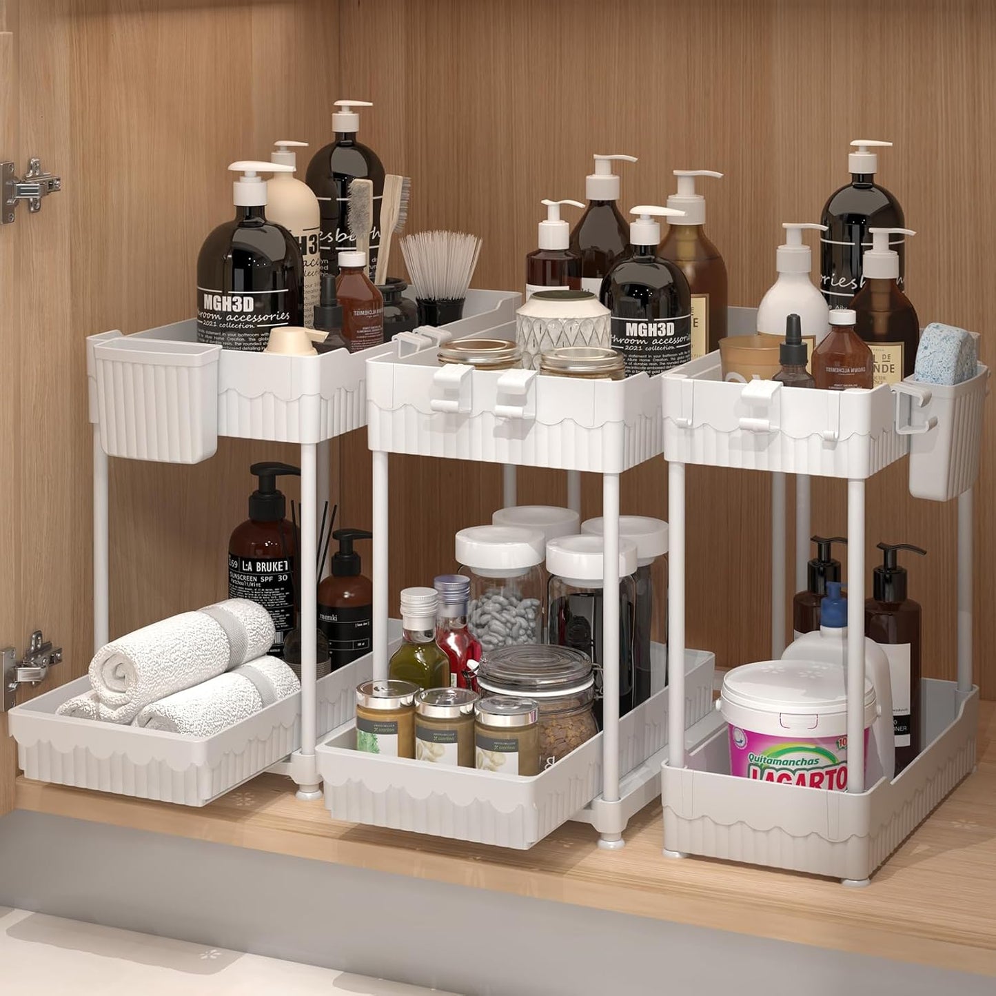 Sevenblue 3-Pack 2-Tier Under Sink Organizers with Sliding Drawers | Multi-use kitchen & bathroom storage, 12.8 inch black cabinet organizer, space-saving sliding drawer design.