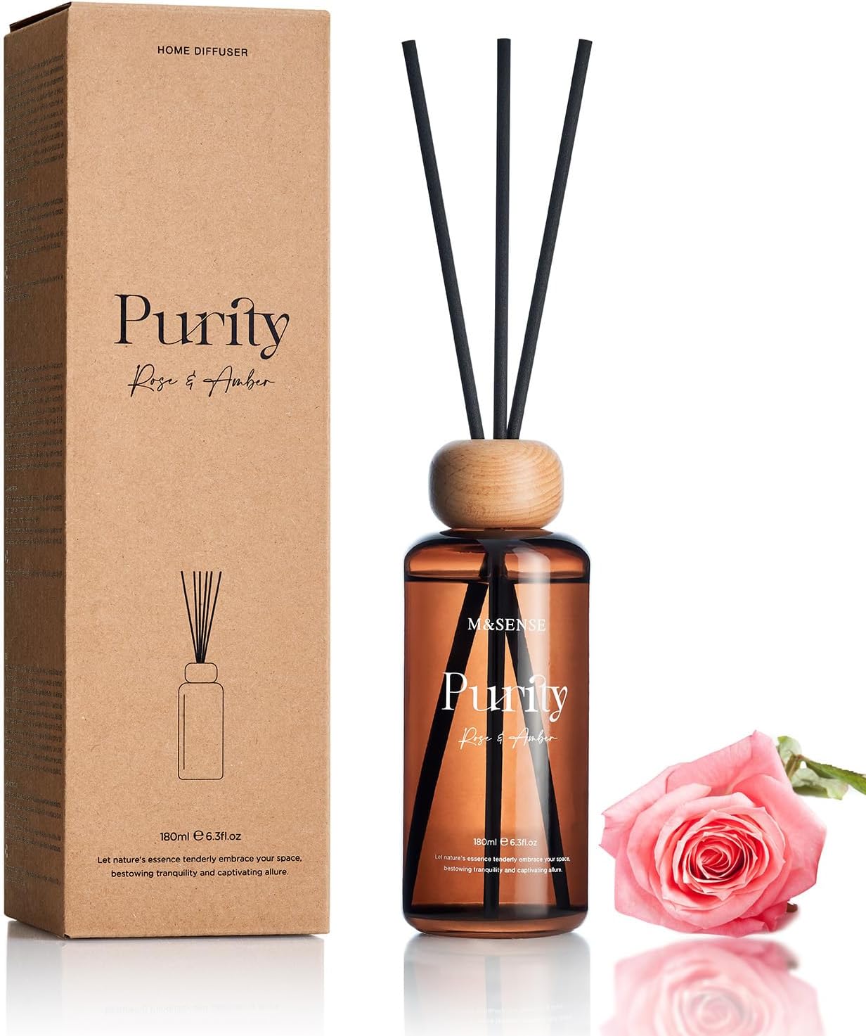 M&SENSE Reed Diffuser Set, Jasmine Sandalwood Scented 6.3 fl oz Natural Essential Oil Diffusers with Sticks, Non-Toxic Organic Air Freshener, Long-Lasting Fragrance Oils for Home Bathroom Living Room
