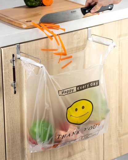 YQh Stainless Steel Cabinet Door Trash Bag Holder for Kitchen Cabinet Door and Drawer, Cabinet Door Hook Adjustable Spacing, Suitable for Plastic Bags with Handles Food Bags