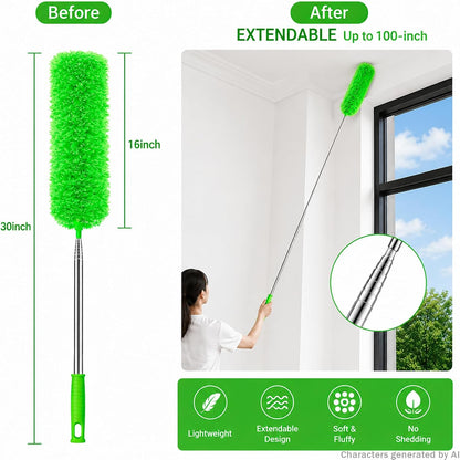 Microfiber Duster with Extension Pole(Stainless Steel) 30 to 100'', with Bendable Head, Extendable Long Duster for Cleaning Ceiling Fan, High Ceiling, Keyboard, Furniture Cars Gray