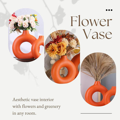 White Ceramic Donut Vase Set of 2, Hollow Matte Pampas Flower Vases for Boho Home Wedding Party Room Dinner Table Shelf Decor.（White）
