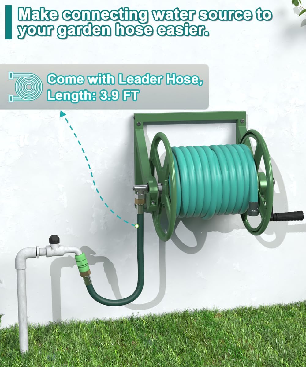Artigarden Garden Hose Reel Wall Mounted, Outdoor Heavy Duty Powder Coated Metal Water Hoses Holder Winder Holds 125 ft 5/8" Hoses with 3.9ft Leader Hose, Stainless Steel Connector for Outside, Black