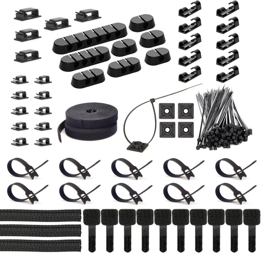 ZIIYAN 163 PCS Cable Management Kit, 3 Wire Organizer Sleeve, 8 Self Adhesive Cable Holder, 25 Cord Clips, 20+2 Roll Reusable Cable Straps and 100 Fastening Cable Ties for Computer TV Under Desk