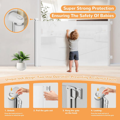 Retractable Baby Gate for Stairs & Doorways, 34" Tall Extends to 55" Wide, Mesh Baby & Pet Gate with Anti-Crawling Hook, Safety Gate for Toddlers, Doorways, Hallways, Indoor, Black