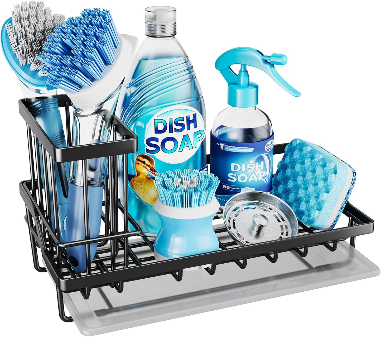 Consumest Sponge Holder for Kitchen Sink - Kitchen Sink Caddy Organizer with Removable Drip Tray for Countertop Dish Soap Dispenser Brush Storage Accessories 304 Stainless Steel - Black