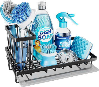 Consumest Sponge Holder for Kitchen Sink - Kitchen Sink Caddy Organizer with Removable Drip Tray for Countertop Dish Soap Dispenser Brush Storage Accessories 304 Stainless Steel - Black