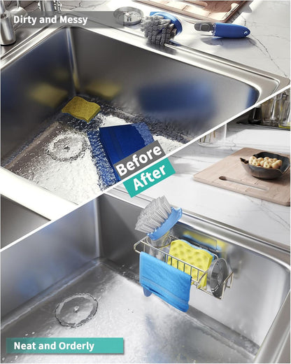 HapiRm 4 in 1 Sink Caddy Sponge Holder, SUS304 Stainless Steel Kitchen Brush Holder and Dish Cloth Hanger, Kitchen Organizers and Storage Essentials - Silver