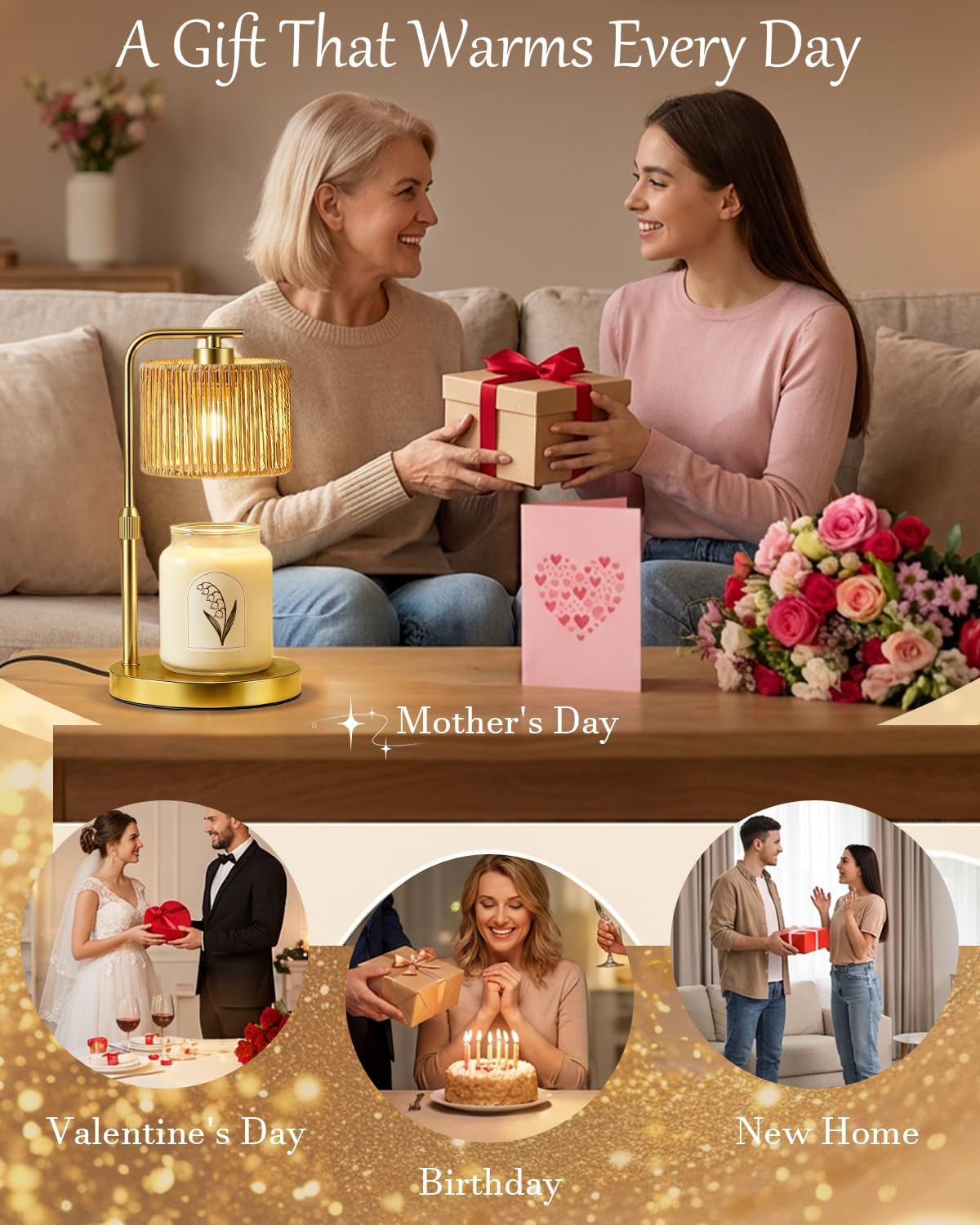 Candle Warmer Lamp with Timer Dimmer, Height Adjustable Modern Farmhouse Candle Warmer, Electric Candle Lamp Warmer with 2 Bulbs, Birthday Gifts for Women Mom, Gift for Home Decor