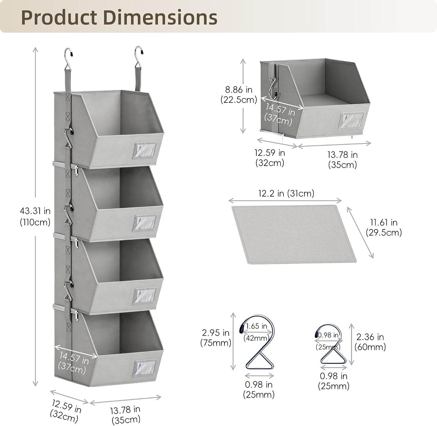 Hanging Closet Organizer 4 Tier, Hanging Shelves for Closet-Hanging Closet Organizer with Stackable Shelves,Versatile Fabric Storage Bins for Bedroom, RV, Nursery,Dorm(Purple)