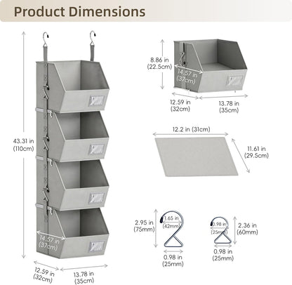 Hanging Closet Organizer 4 Tier, Hanging Shelves for Closet-Hanging Closet Organizer with Stackable Shelves,Versatile Fabric Storage Bins for Bedroom, RV, Nursery,Dorm(Purple)