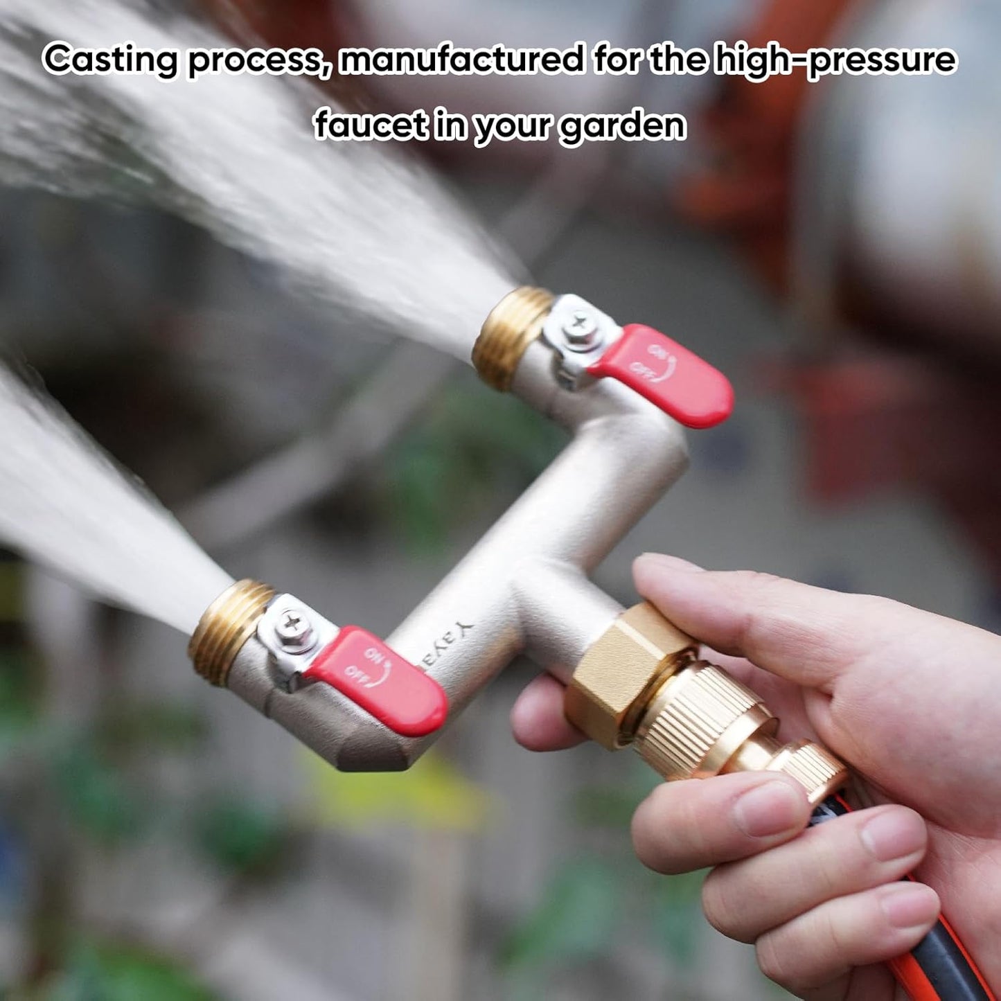 Garden Hose Splitter, 3/4” Rust and Freeze Resistant Outdoor Hose Manifold with 2 Red Extra Long Handles Faucet Adapter-Heavy Duty Brass Nickel Plated 2-Way Valve