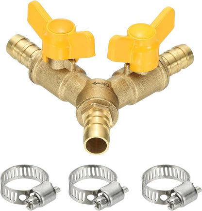 PATIKIL 3 Way Shut Off Ball Valve, 1/4" Y Shaped 3 Way Brass Garden Hose Barb Splitter Line Sprayer Parts Coolant Hose Valve Fitting with 2 Red Switch for Gas Fuel Oxygen, 1 Set