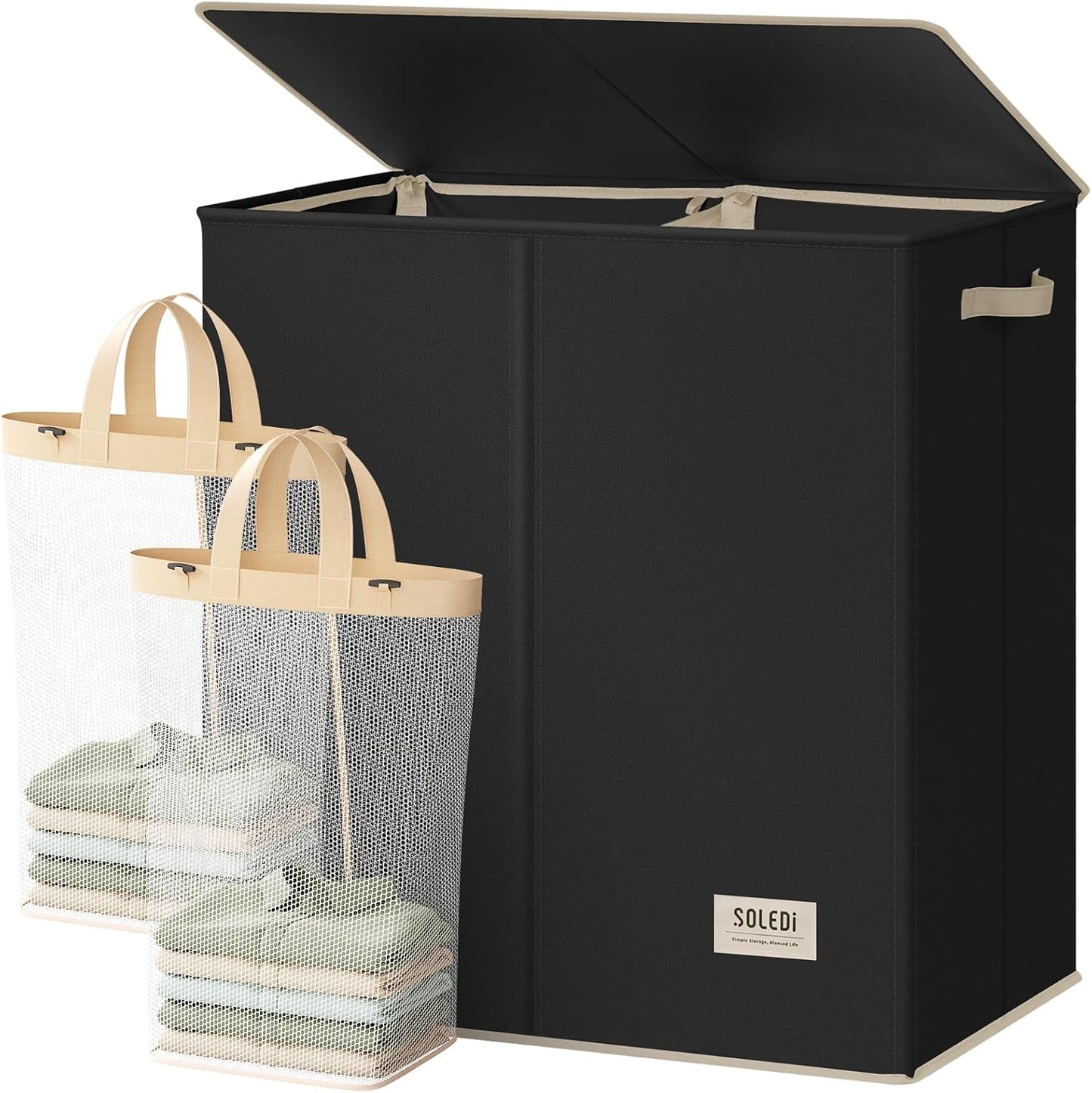 SOLEDI Luxury Double Laundry Hamper with Lid and Removable Bags, 38.3 Gal Large Laundry Bin, Laundry Basket 2 Sections, Collapsible Clothes Hamper for Bedroom, Laundry Room, Bathroom, Off-white