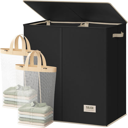 SOLEDI Luxury Double Laundry Hamper with Lid and Removable Bags, 38.3 Gal Large Laundry Bin, Laundry Basket 2 Sections, Collapsible Clothes Hamper for Bedroom, Laundry Room, Bathroom, Off-white