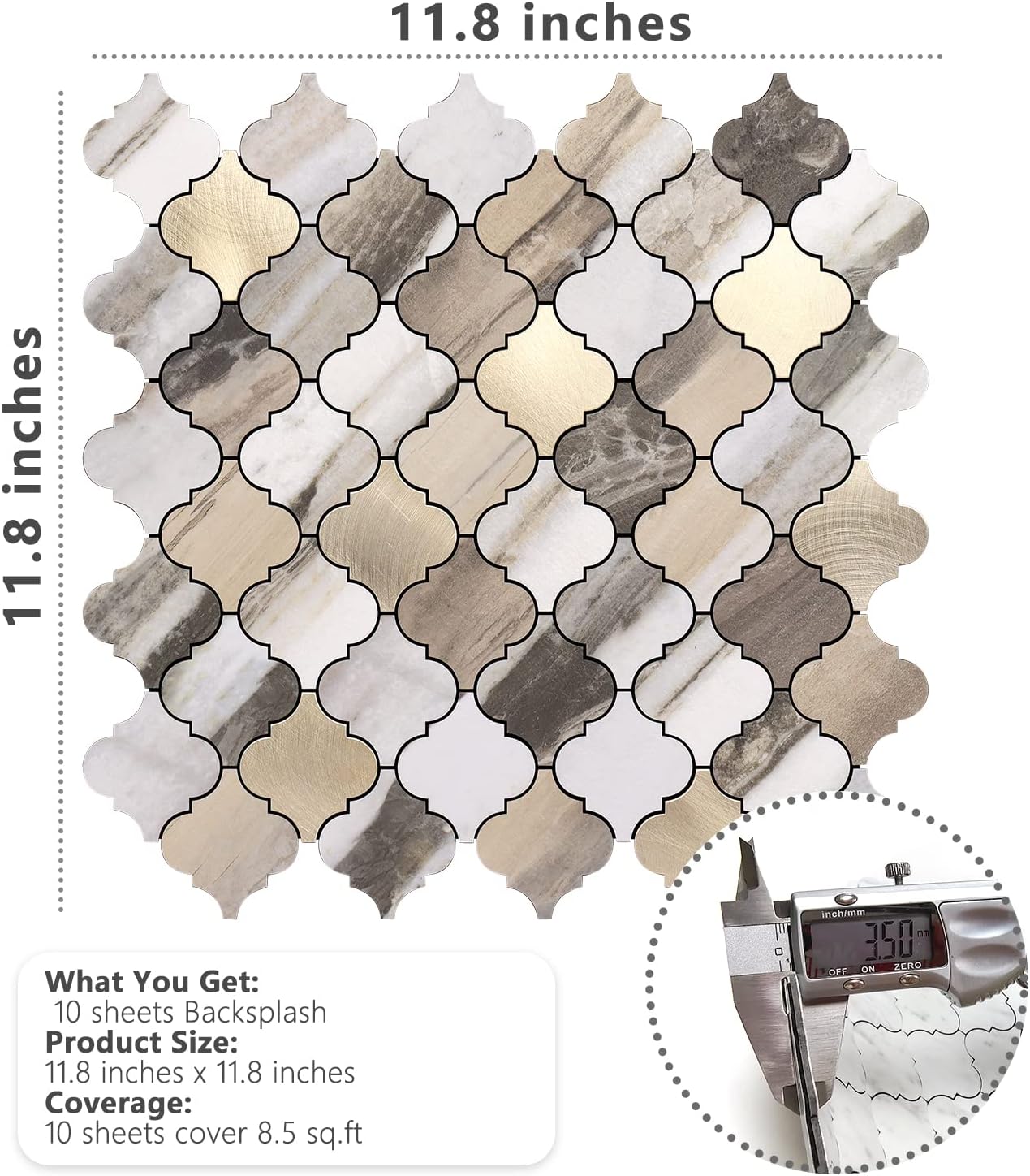 STICKGOO Arabesque Peel and Stick Backsplash Tile, Stick on Backsplash for Kitchen and Bathroom, Beige Marble Look PVC Mixed Metal Aluminum Mosaic Tiles (10 Sheets)