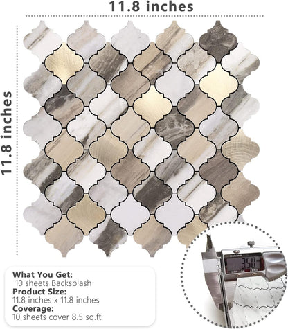 STICKGOO Arabesque Peel and Stick Backsplash Tile, Stick on Backsplash for Kitchen and Bathroom, Beige Marble Look PVC Mixed Metal Aluminum Mosaic Tiles (10 Sheets)