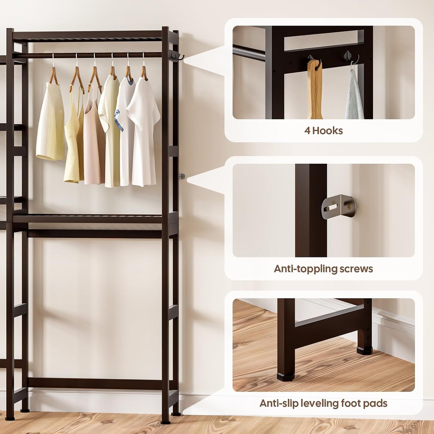 Cozivolife Over The Washer and Dryer Storage Shelf Bamboo,5 Tiers Laundry Room Drying Rack with Adjustable Shelves and 4 Hooks,Space Saver Organizer for Hanging Clothes and Towels (White)