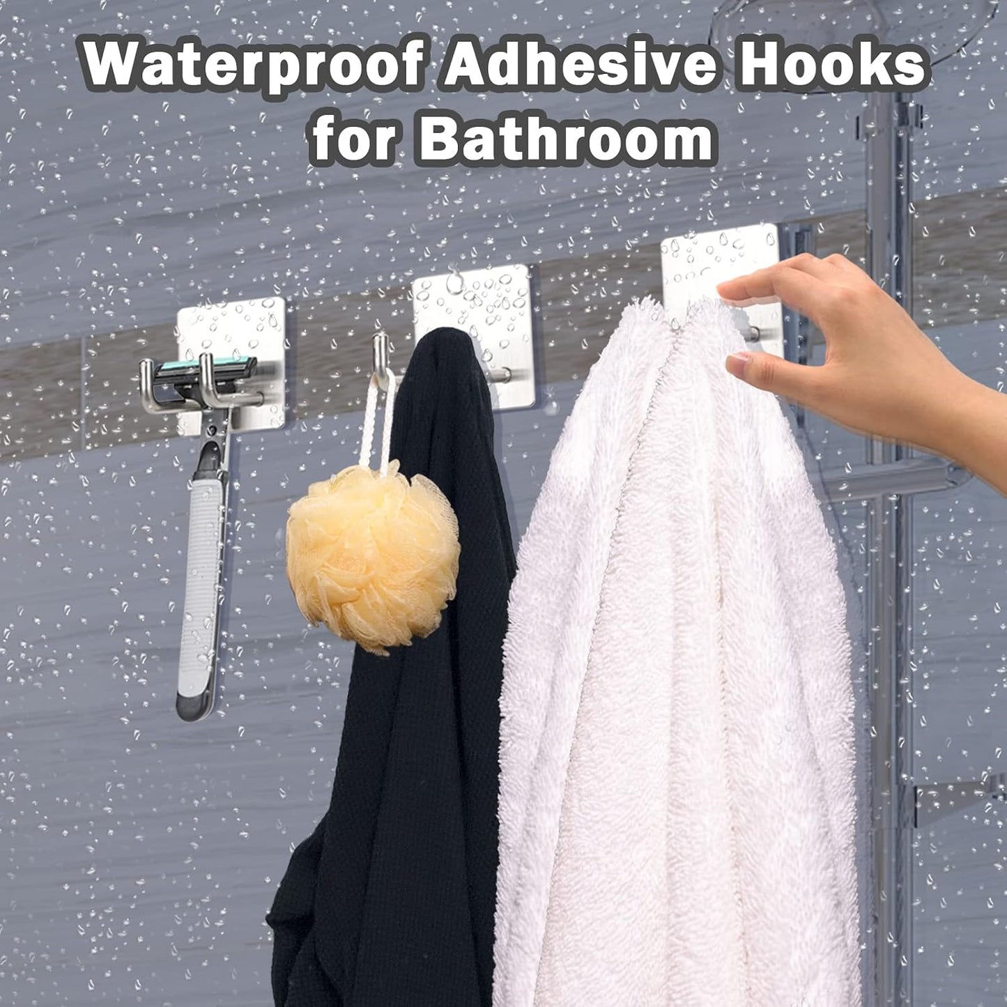 Adhesive Hooks Heavy Duty, Long Stainless Steel Self Adhesive Wall Hook, Sticky Towel Hangers for Kitchen Bathroom, Waterproof Stick on Door Hooks for Hanging Key Hat Coat 4Pack(Black)