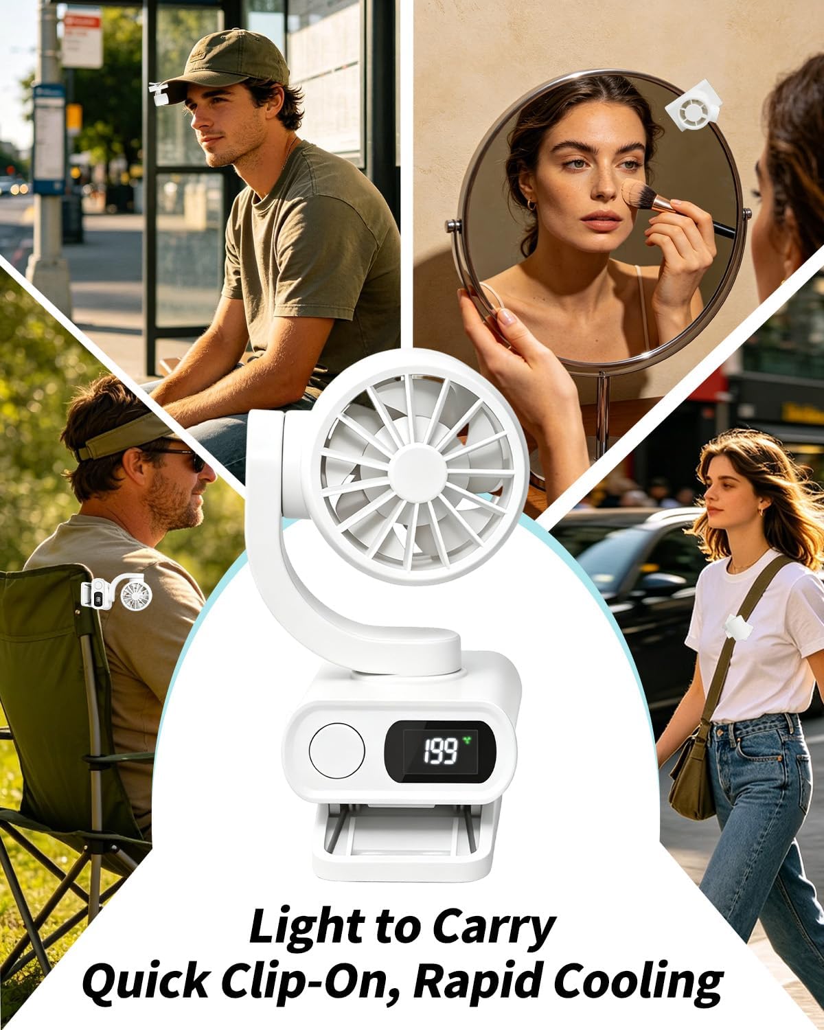 Mini Clip On Fan Portable, Mini Portable Fan with 6 Speeds LED Display, USB-C Rechargeable Small Clip Fan for Outdoor Clips Stroller, Bike, Umbrella Desk, Visor Hat, Sports (White)