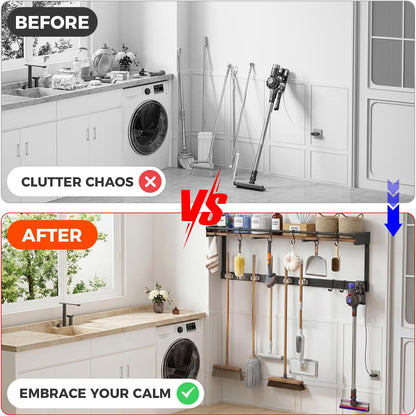 Broom Holder Wall Mount with Shelf,Broom Hanger,3 in 1 Broom and Mop Organizer Wall Hanging for Laundry,Garage,Utility,Broom Rack,Vacuum Stand Alternative,Cleaning Supplies Organizer Storage,White,L