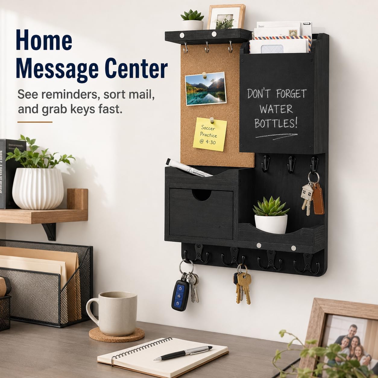 Key Holder for Wall Mount with Shelf and Mail Organizer, Key and Mail Holder with 16 Hooks, Farmhouse Entryway Organizer, Home Decor Rack (Pine Wood, Black)