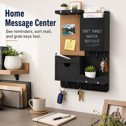 Key Holder for Wall Mount with Shelf and Mail Organizer, Key and Mail Holder with 16 Hooks, Farmhouse Entryway Organizer, Home Decor Rack (Pine Wood, Black)