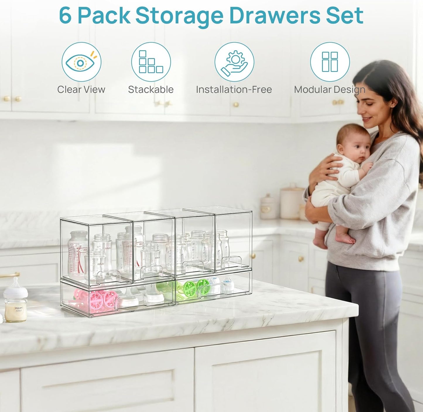 Vtopmart Stackable Storage Drawers Set of 5, Clear Plastic Organizer Bins for Baby Bottle, Beauty Supplies Storage, Ideal for Kichen Countertop, Vanity, Bathroom, Cabinet, Pantry Organization