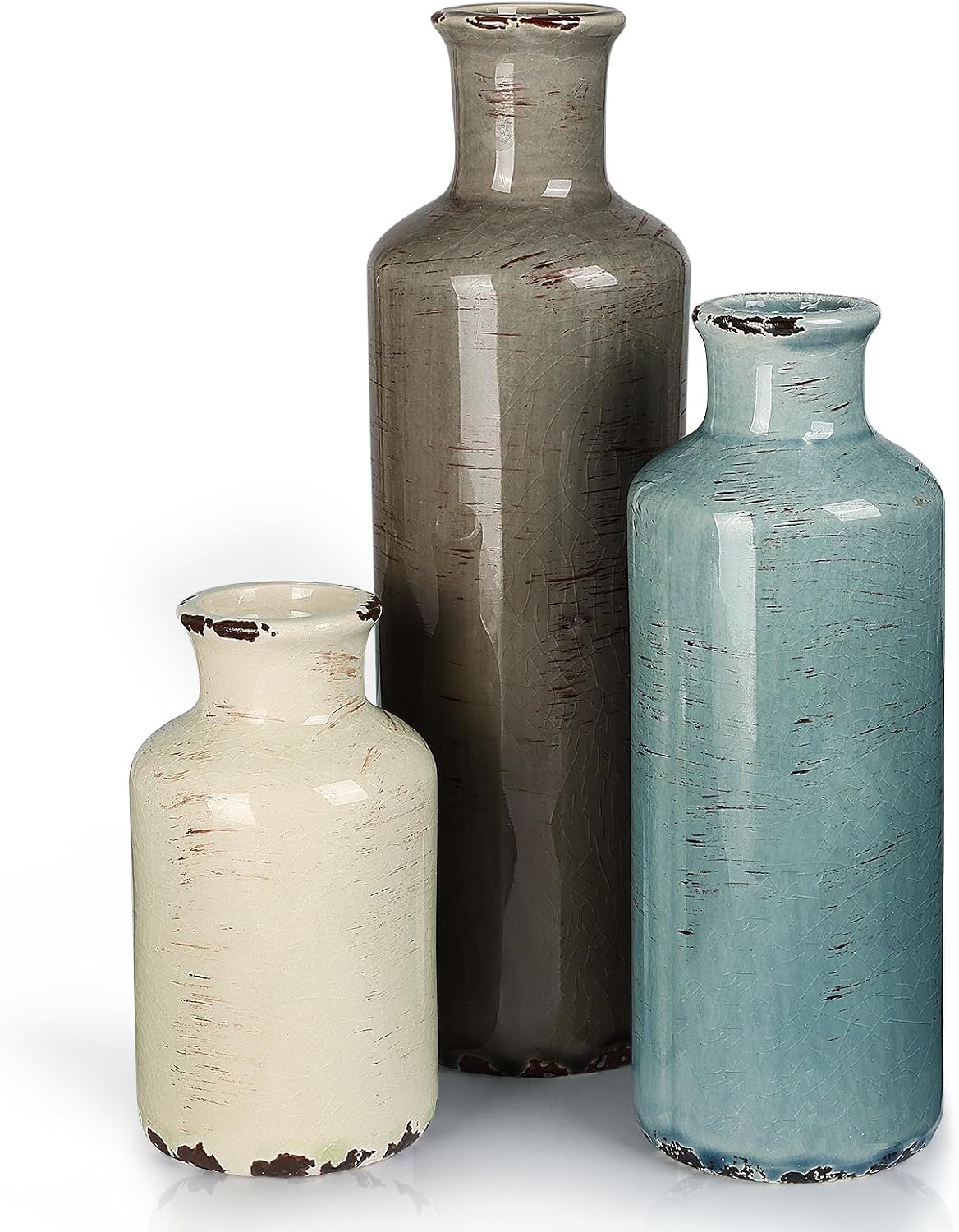 CUCUMI Ceramic Vase Set of 5, Home Decor Farmhouse Décor Handmade Pottery Vases for Pampas Grass, Dried Fresh Flowers, Table, Living Room, Kitchen, Shelf, Entryway Mantel Neutral Tones
