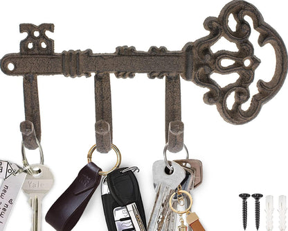 Comfify Brown Cast Iron Skeleton Key Wall Hook – 3 Hooks, 10.8" L | Brown; cast iron; 10.8"L x 2"W x 4.7"H; 3 hooks; KEYS embossed; matching brown screws; farmhouse entryway decor