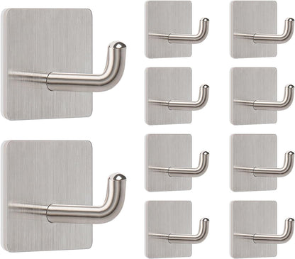 Livabber Adhesive Towel Hooks, 304 Stainless Steel Self Sticky Wall Hooks Waterproof Shower Hooks for Robe/Clothes, No Drilling Towel Hangers for Bathroom Kitchen Bedroom (Brushed Nickel, 6 Packs)
