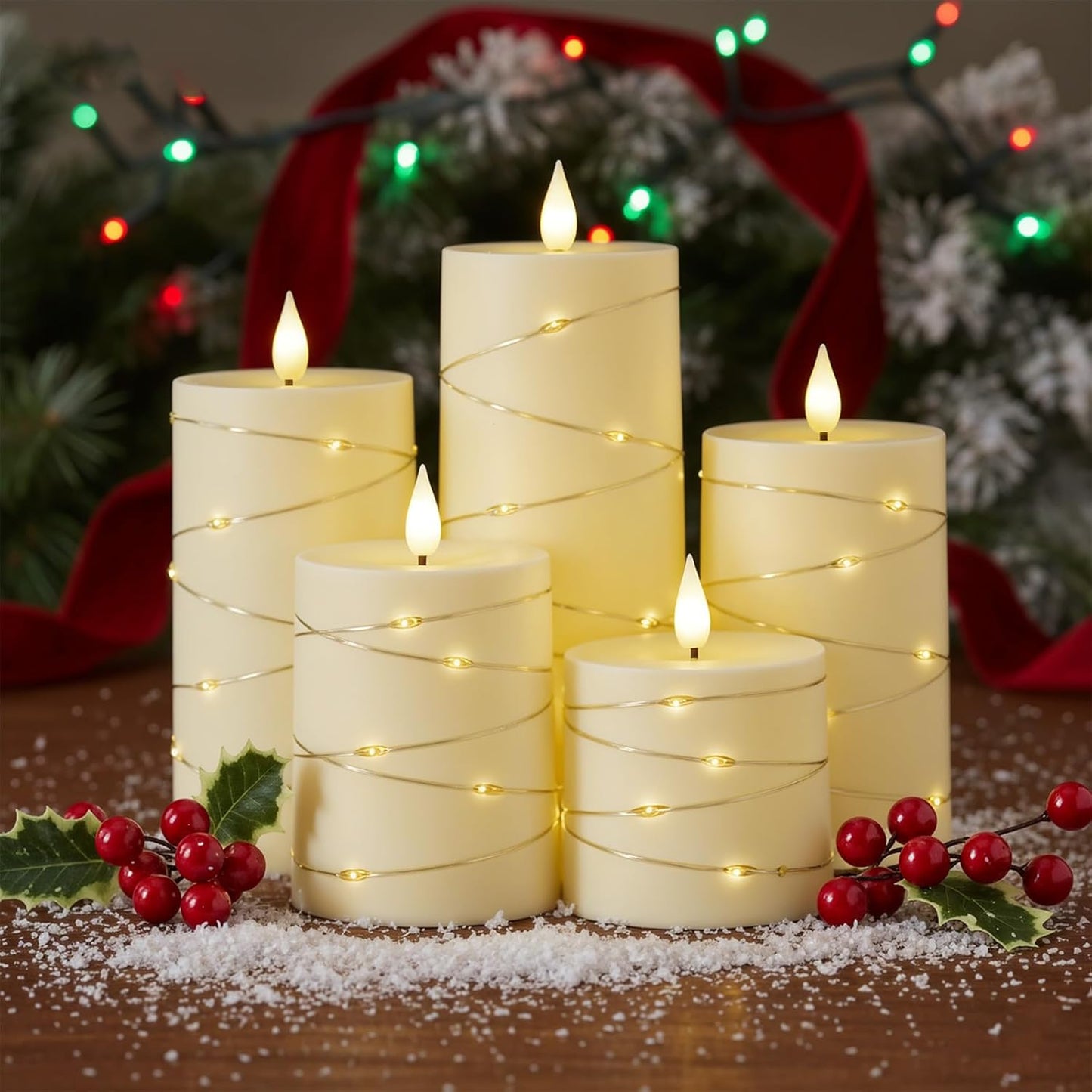 Raycare Flameless Candles with Remote Timer, Flickering Battery Operated LED Pillar Fake Candle with String Lights for Home Decor, Christmas, Wedding and Gift, White, Set of 3