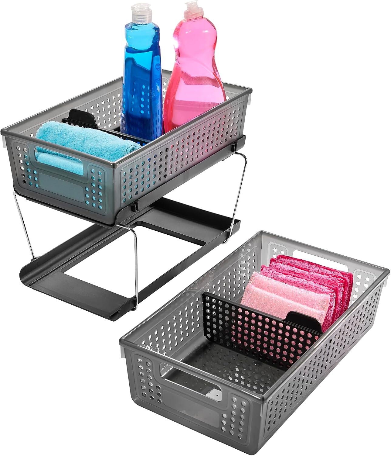 madesmart Two-Tier Under Cabinet Organizer, Sliding Drawer Storage for Cleaning Supplies & Bottles, Carbon