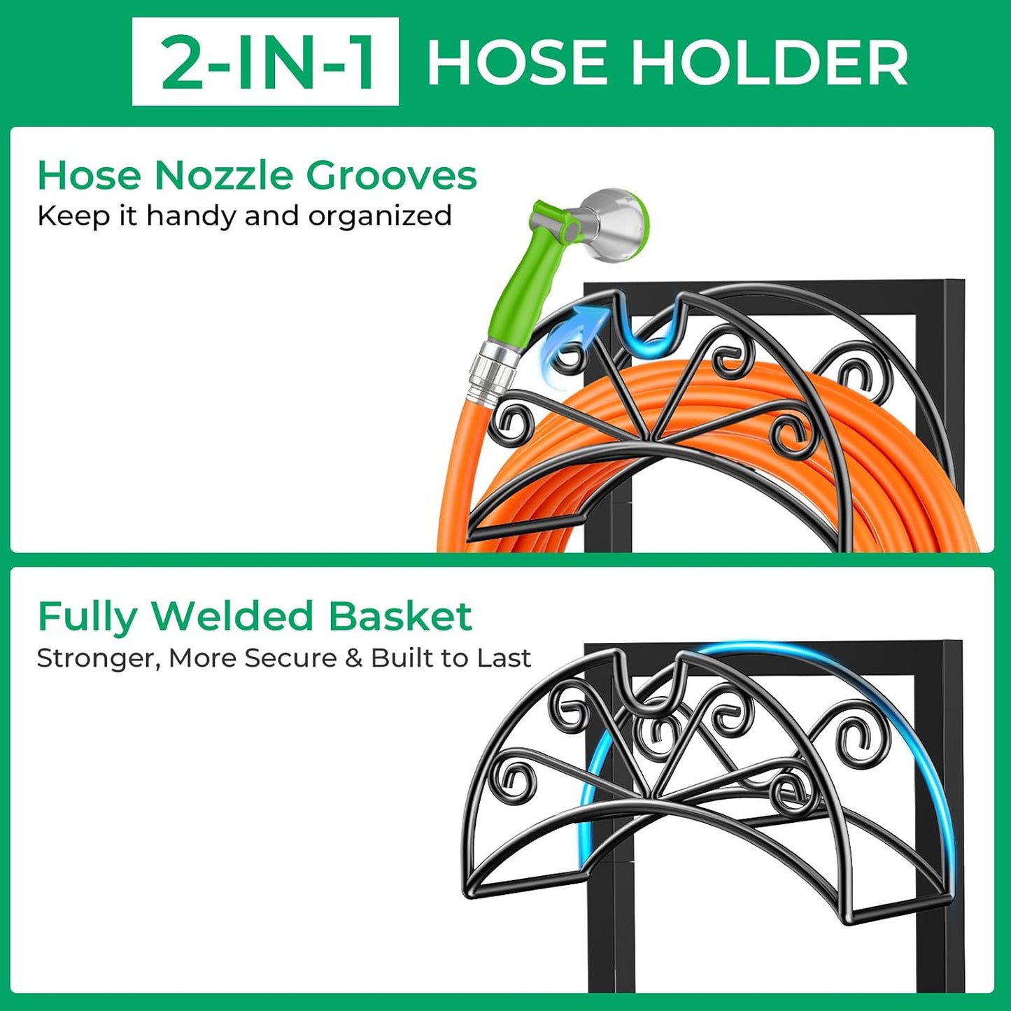 TomCare Garden Hose Holder Heavy Duty Water Hose Holder Holds 160 FT Hoses 4 Spikes Hose Reel Freestanding Hose Hanger Sturdy Hose Storage Stand for Outside Yard Lawn