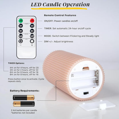 Fluted Ribbed LED Pillar Candles, Cream Beige, with Reflective Melted-Wax Effect – Flickering Flame, Remote, Dimmable, Flameless, Battery Operated, Home & Wedding Decor (Set of 3)