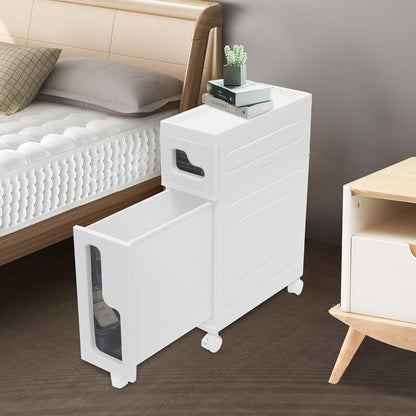 Narrow Bathroom Storage Cabinet with Drawers, 5.5" Slim Floor Standing Rolling Cart on Lockable Wheels, PP Unit with Toilet Paper Holder for Small Space, Kitchen, Laundry Room (3 Tier)