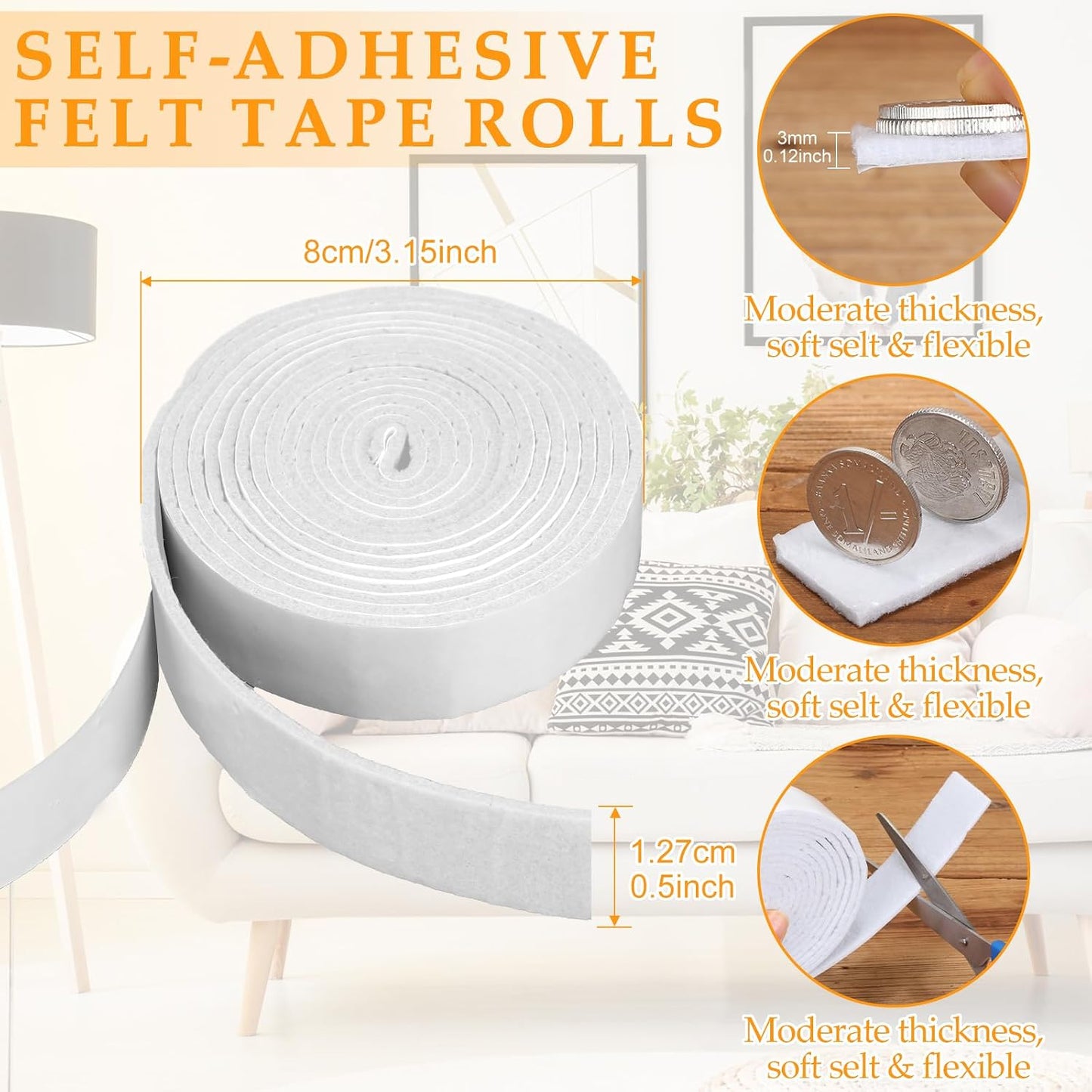 Zonon 4 Rolls 120 Inch Felt Strip with Adhesive Backing Felt Tapes Furniture Strip Rolls Self Stick Heavy Duty Polyester for Protecting Furniture and DIY Adhesive(Black,0.5 Inch)