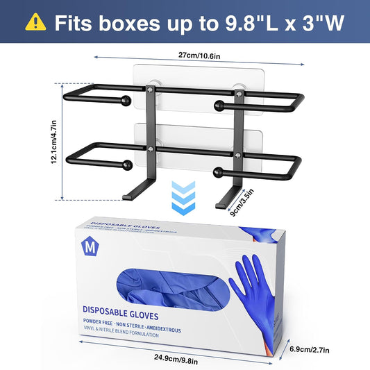 Glove Box Holder, Adhesive Wall-Mounted Metal Dispenser, Tool-Free Organizer for Rubber Latex Gloves, Facial Tissue and Storage, Black