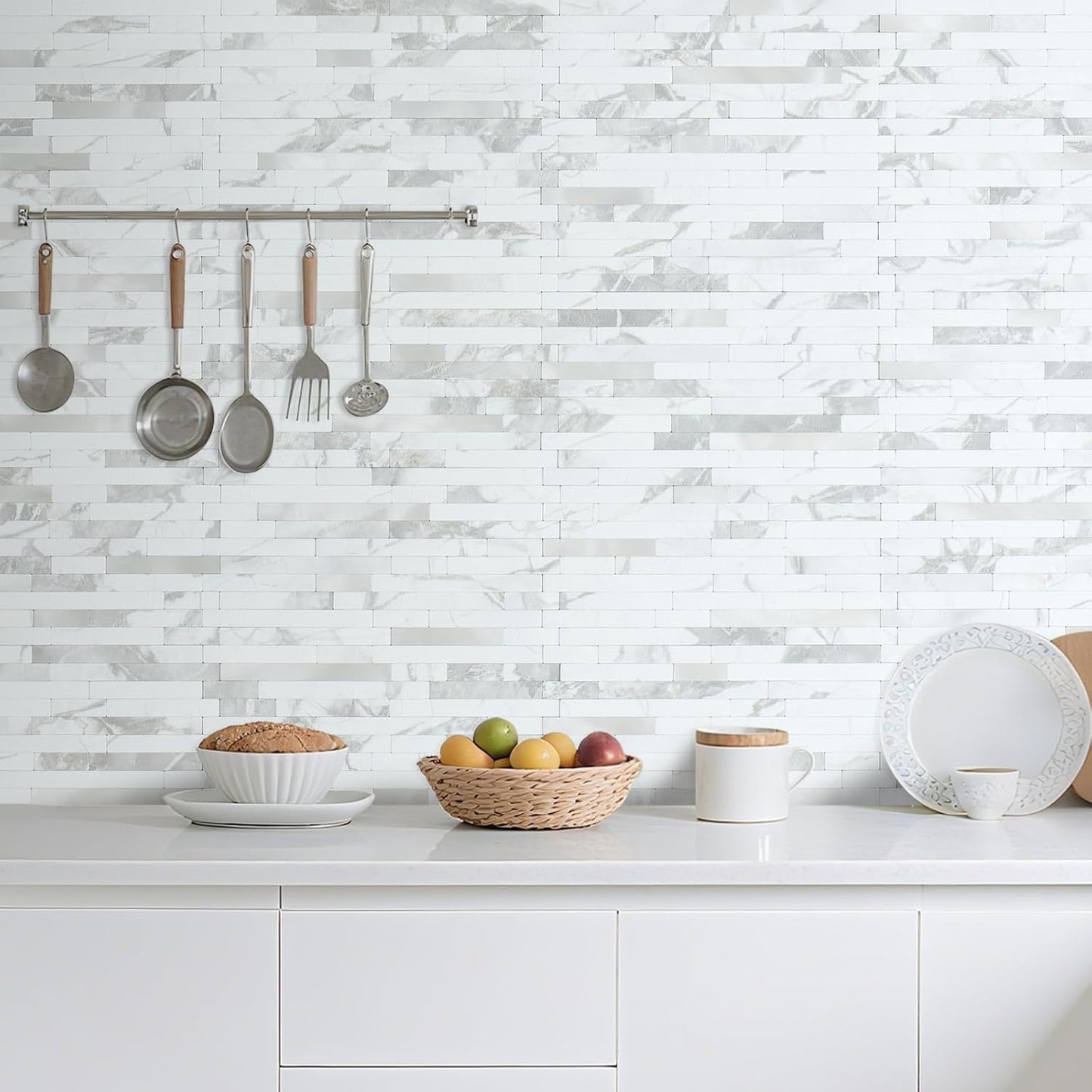 AULIGET 20 Sheets Peel and Stick Backsplash, Black & Grey Wood Look PVC Mixed Metal Stick on Backsplash Tiles for Kitchen