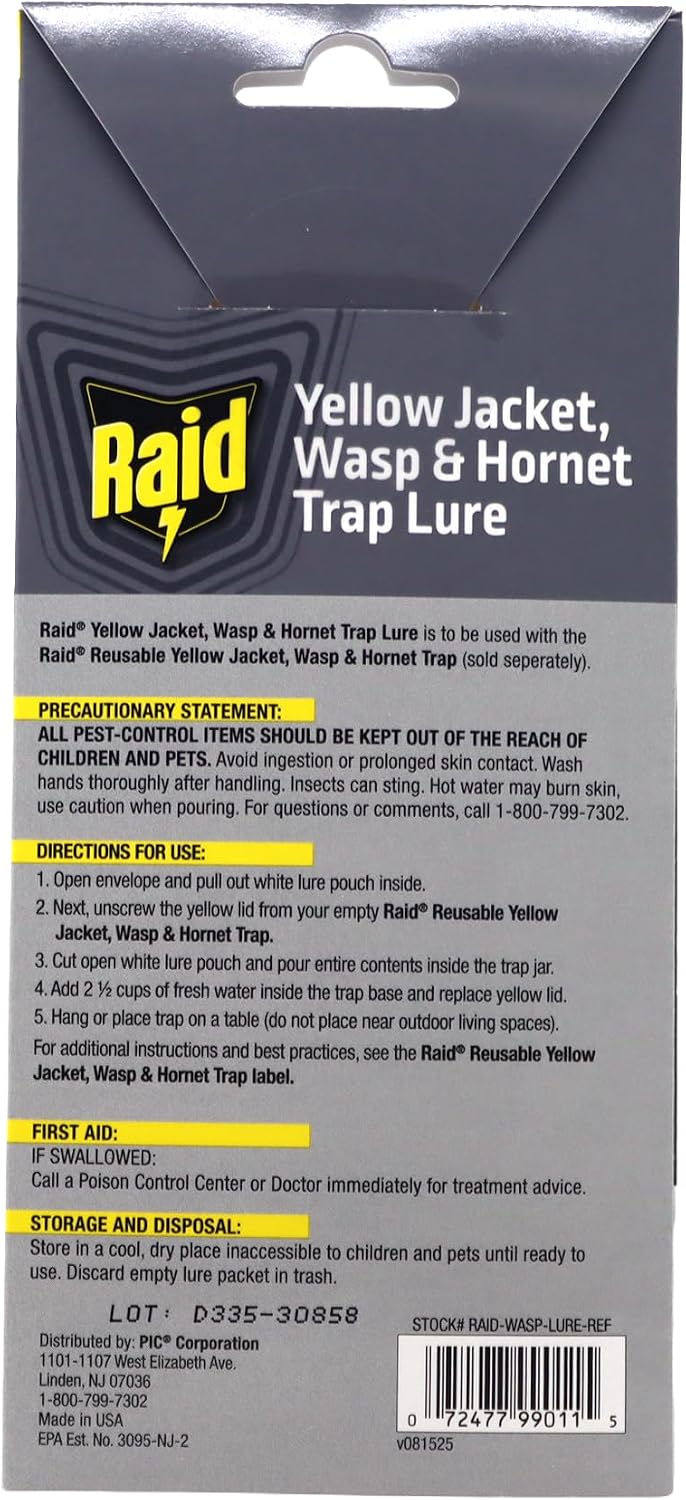 Raid Reusable Yellow Jacket, Hornet & Wasp Trap Refill, 1 Pack, Water-Activated Lure for Raid Hanging Jar Traps, Insecticide-Free, Food-Based Attractant, Easy to Use, Hang or Place Outdoors