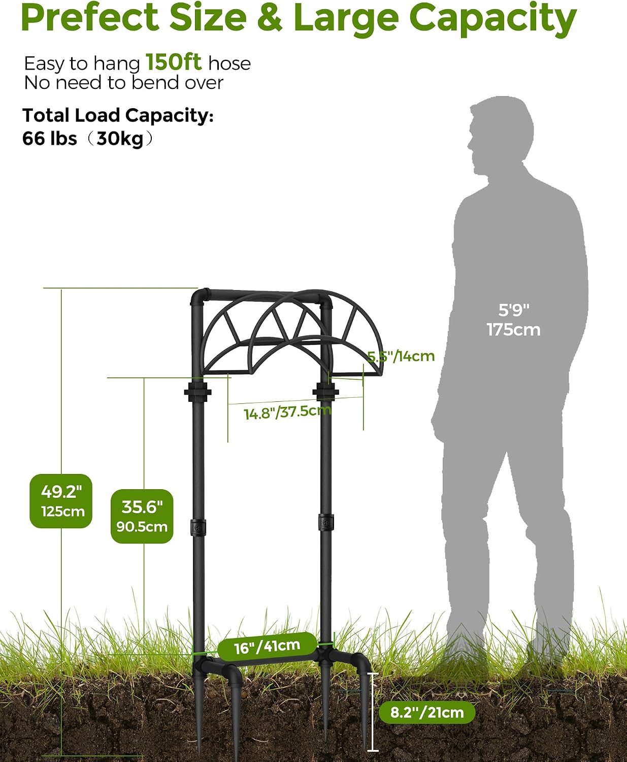LAND·VOI Freestanding Garden Water Hose Storage Holder Stand for Outside, 160-Ft Hose Heavy Duty Metal Hanger Reel Organizer Outdoor Yard Lawn, Standing Keeper Rack with Ground Stake, Black GHH01B