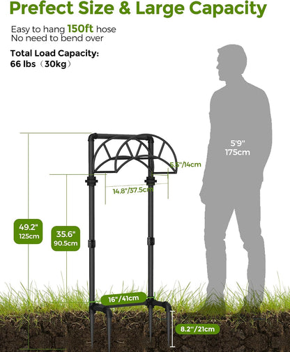 LAND·VOI Freestanding Garden Water Hose Storage Holder Stand for Outside, 160-Ft Hose Heavy Duty Metal Hanger Reel Organizer Outdoor Yard Lawn, Standing Keeper Rack with Ground Stake, Black GHH01B