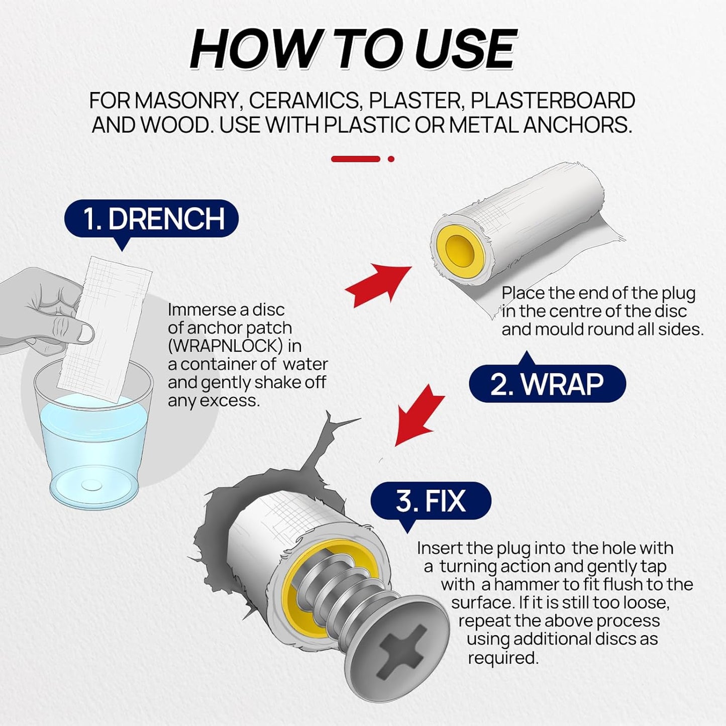WRAPNLOCK Drywall Anchor Repair Kit - Fast Loose Anchor Fix (No Fill/Redrill) - 22 Patches + Screws/Anchors/Screwdriver/Gloves, Works for Home Fittings